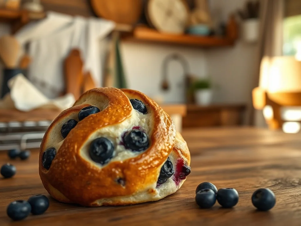 Świeżo upieczona jagodzianka z widocznymi owocami na drewnianym stole w przytulnej kuchni.