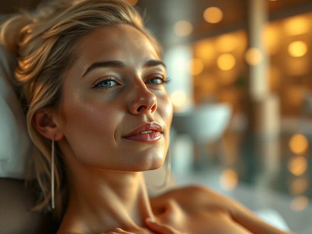 Kobieta z subtelną, złotą opalenizną relaksująca się w nowoczesnym spa.