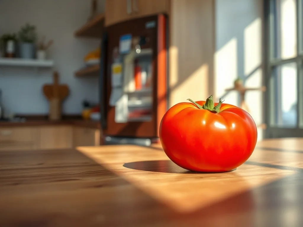 Świeży, czerwony pomidor na drewnianym blacie kuchennym w pobliżu otwartej lodówki.