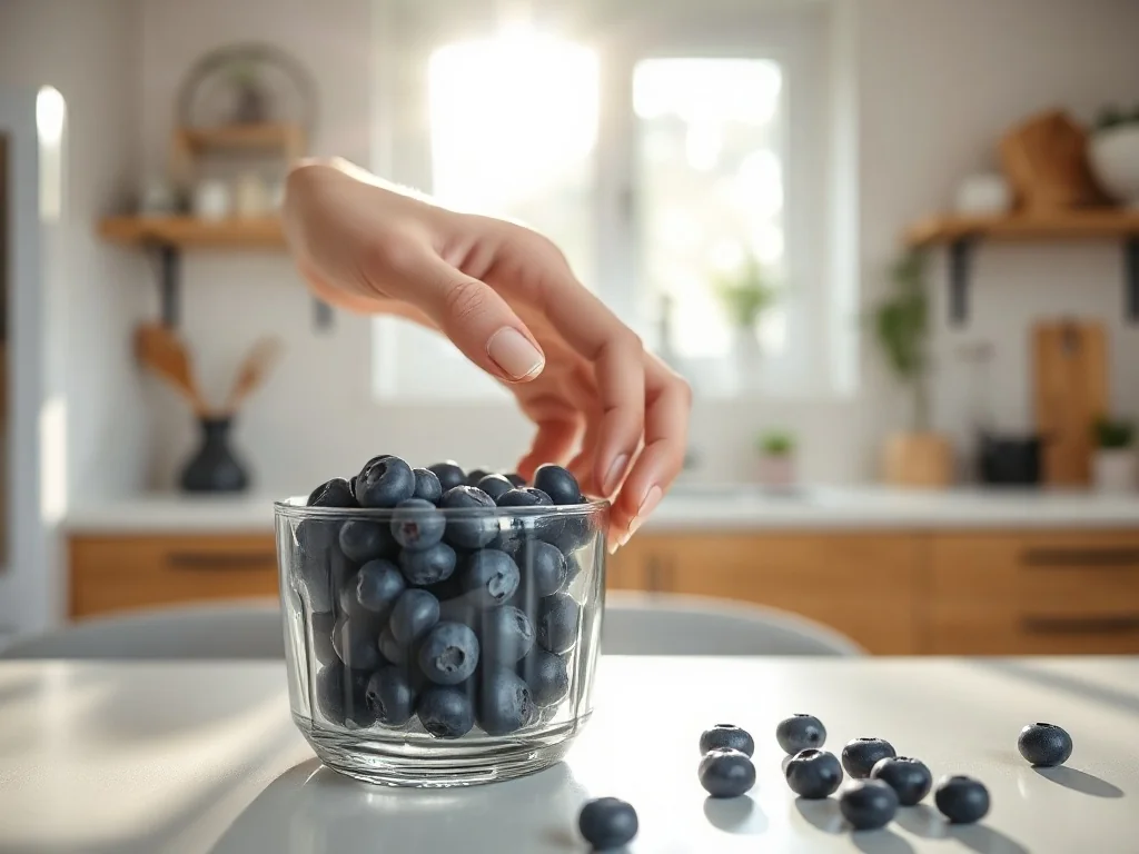 Kobieta przekłada świeże borówki do szklanego pojemnika, co pomaga zachować ich trwałość w domowej kuchni.