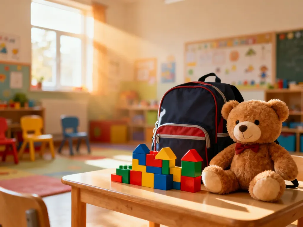 Przytulna sala przedszkolna z zabawkami i pluszowym misiem, zachęcająca dziecko do zabawy i nauki w przyjaznym otoczeniu.