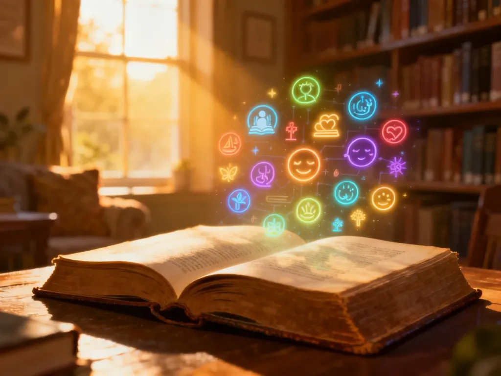Otwarta księga z kolorowymi ikonami symbolizującymi wartości i emocje, umieszczona w przytulnej, słonecznej bibliotece.