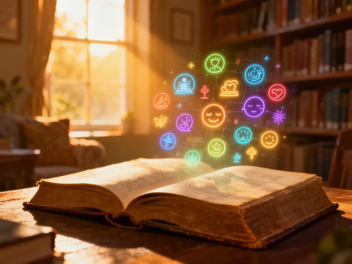 Otwarta księga z kolorowymi ikonami symbolizującymi wartości i emocje, umieszczona w przytulnej, słonecznej bibliotece.
