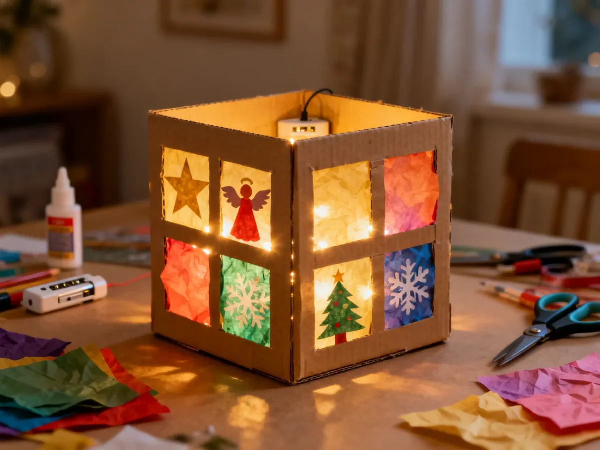 Kartonowy lampion adwentowy z kolorowymi okienkami i lampką LED