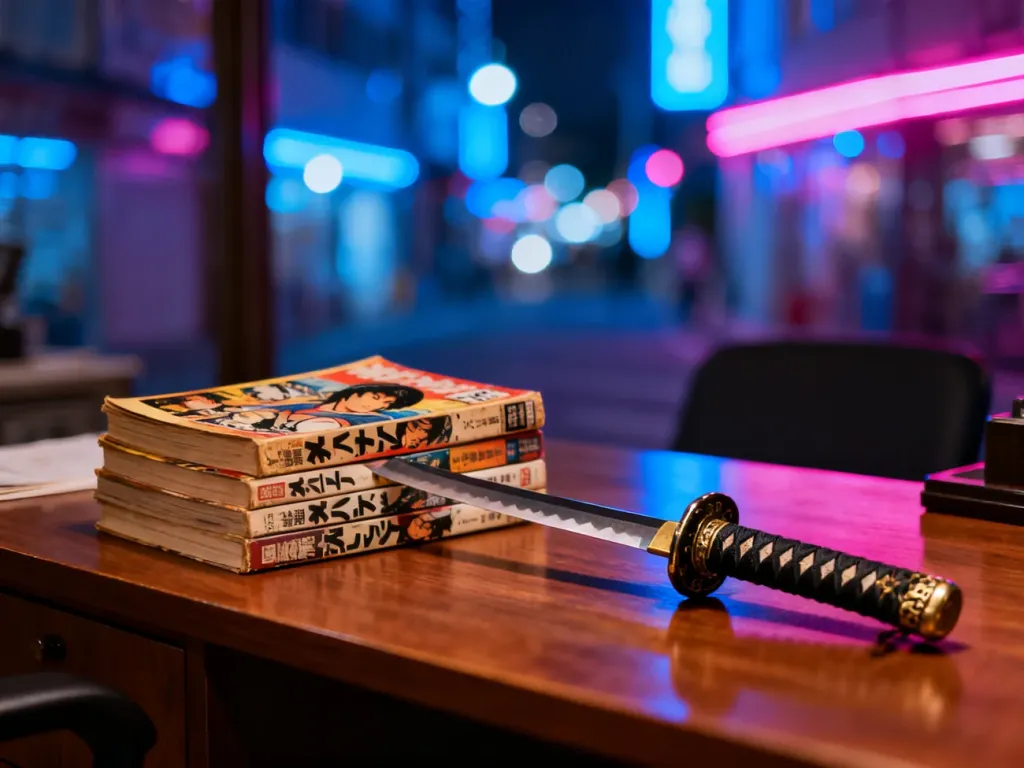 Stos mang i rękojeść katany na biurku na tle rozmytego neonowego miasta, oddające klimat japońskiej popkultury.