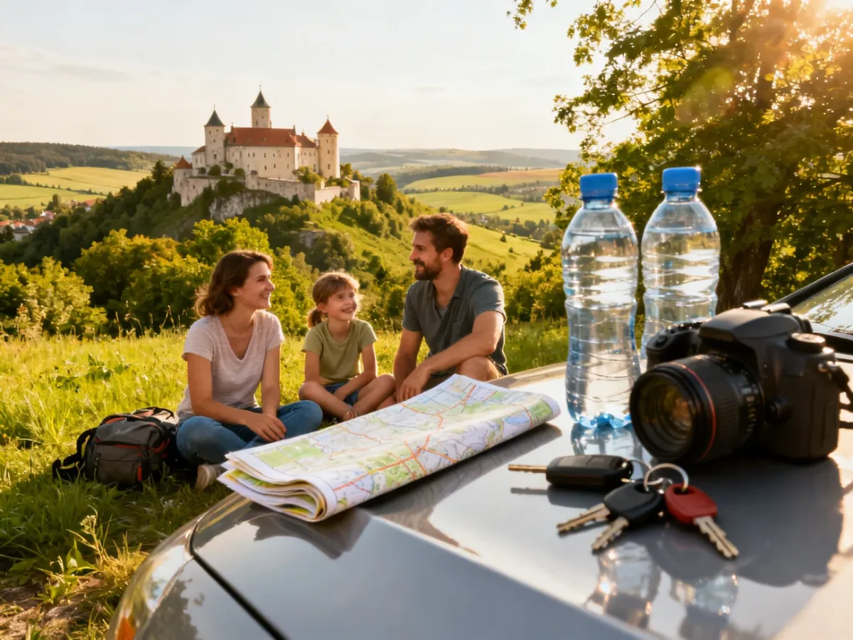 Rodzina przygotowująca regionalną wycieczkę z mapą i widokiem na zamek