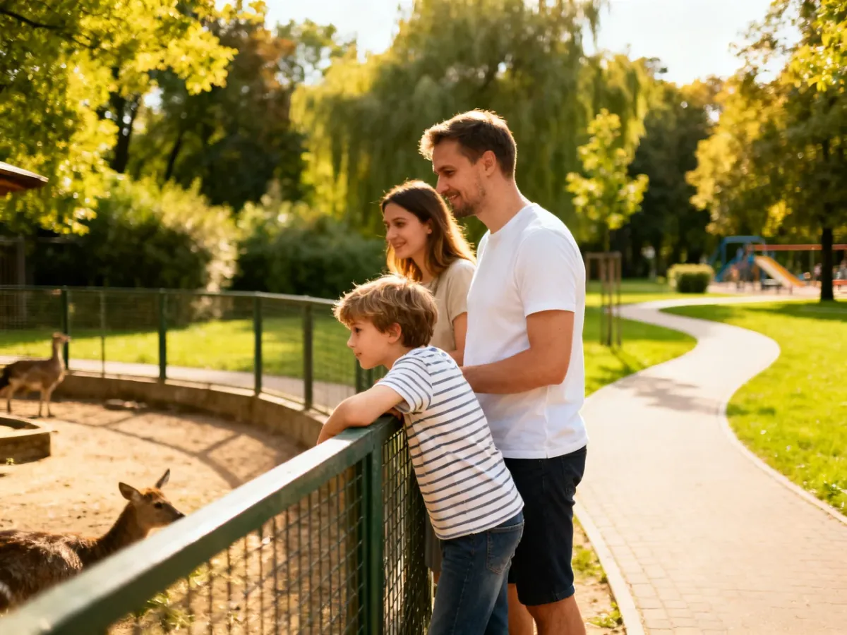 Rodzina spacerująca po zielonym parku rekreacyjnym z zoo