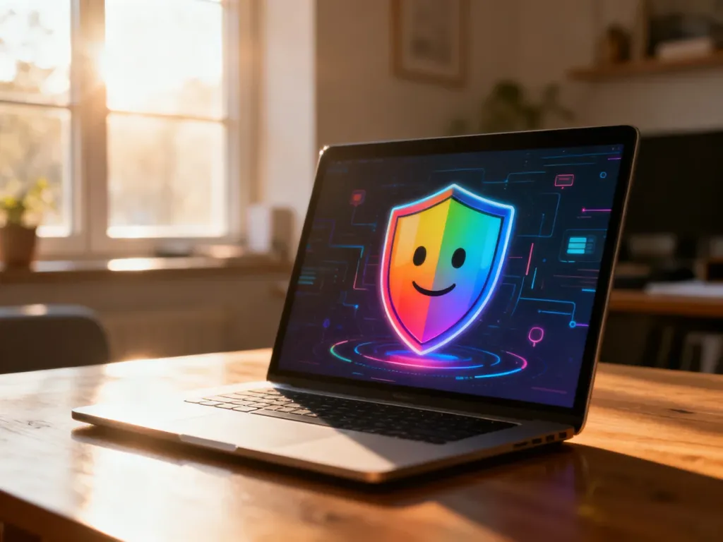 Laptop na biurku z ikoną tarczy na ekranie, symbolizującą bezpieczne korzystanie z internetu w przyjaznym otoczeniu domowym.