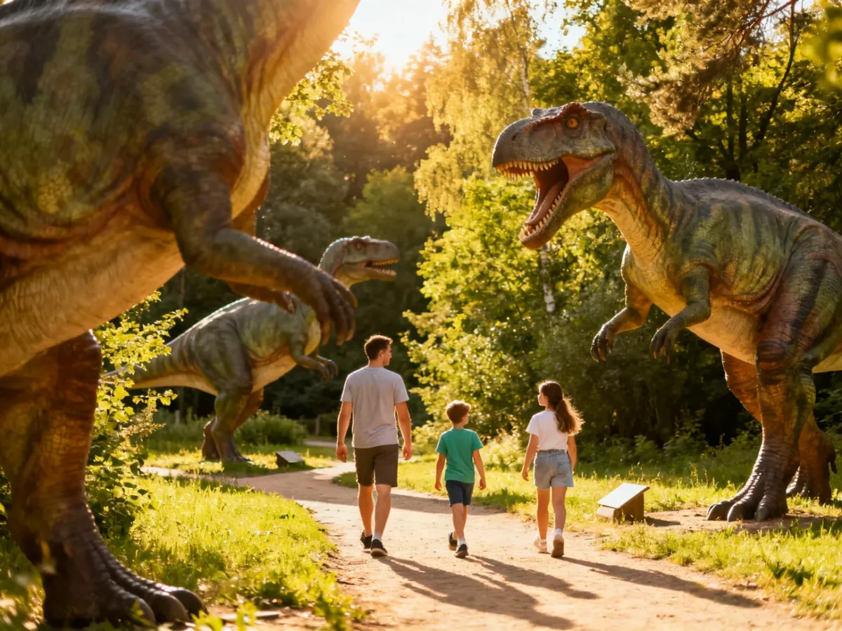 Rodzina oglądająca modele dinozaurów w parku plenerowym