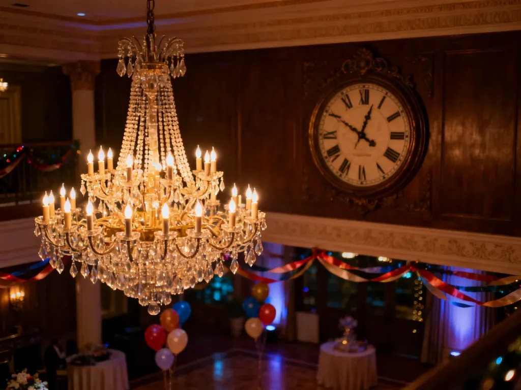 Elegancka sala balowa z zegarem wskazującym późną porę, podkreślająca atmosferę trwającej studniówki.