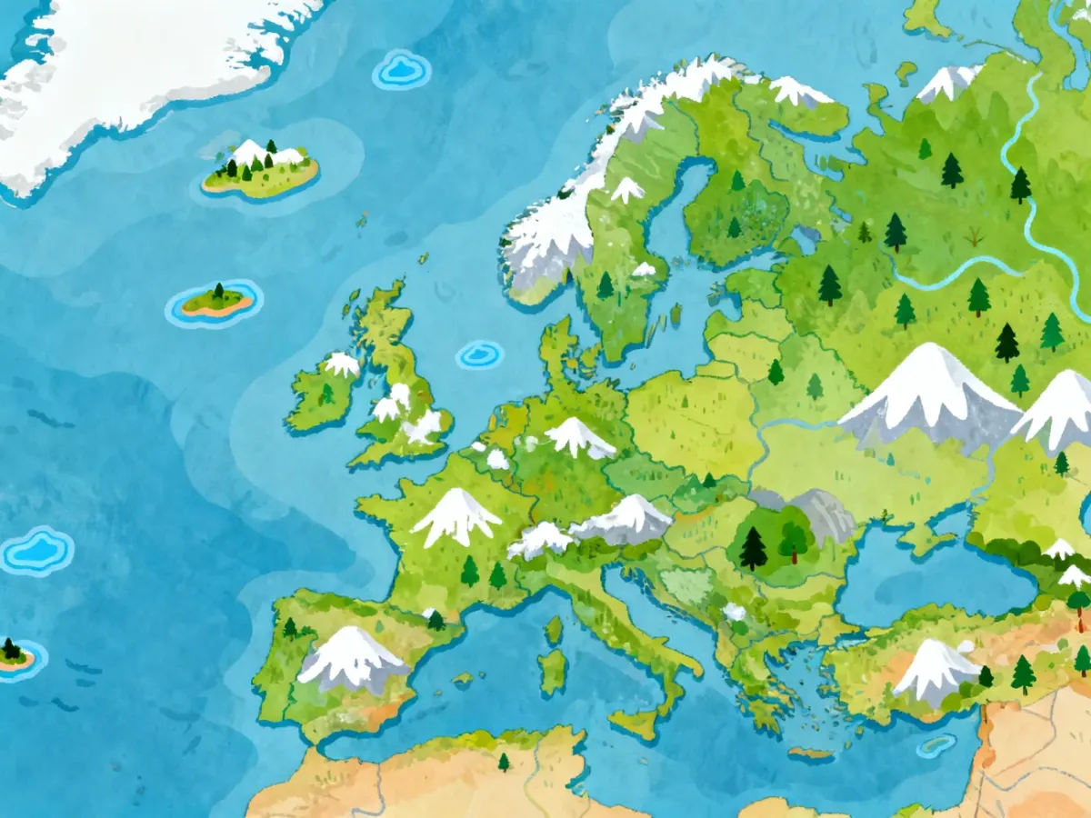 Kolorowa mapa Europy z górami, lasami, wyspami i wybrzeżami