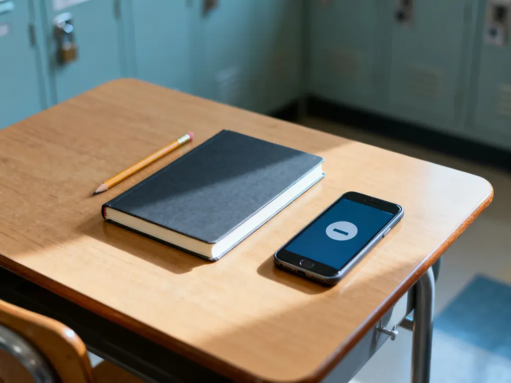 Zamknięty zeszyt, ołówek i smartfon na szkolnej ławce, symbolizujące problem nękania w środowisku szkolnym.