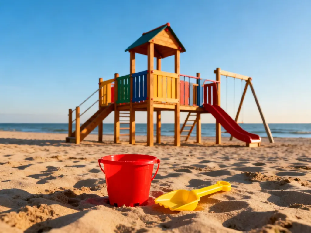 Kolorowy plac zabaw na piaszczystej plaży nad Bałtykiem z zabawkami w pierwszym planie. Idealne miejsce na zabawę z dziećmi.