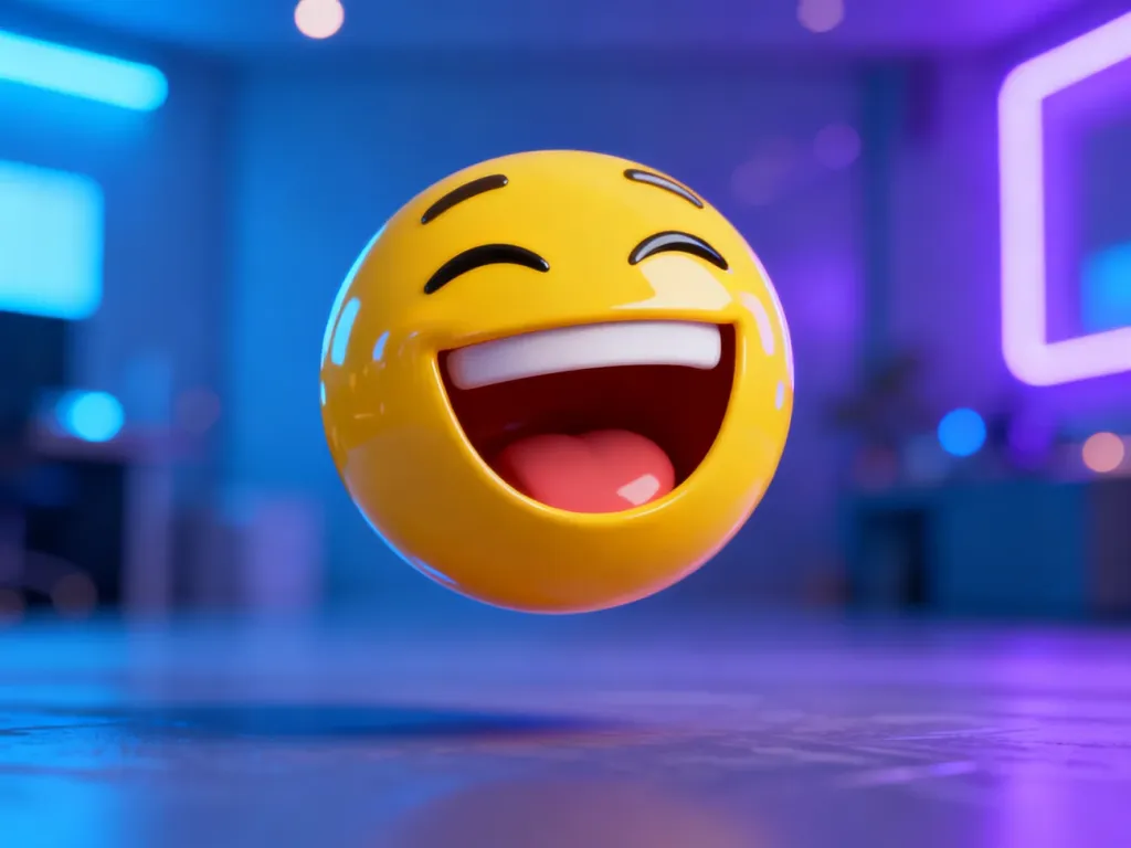 Trójwymiarowy, radosny emoji z szeroko otwartymi ustami, symbolizujący ekstremalny śmiech w nowoczesnym stylu.