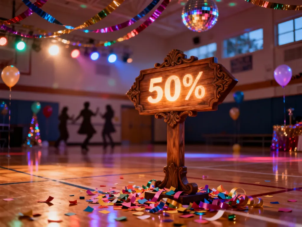 Udekorowana sala gimnastyczna z podświetlanym znakiem „50%” i konfetti, tworząca imprezowy klimat półmetka w liceum.