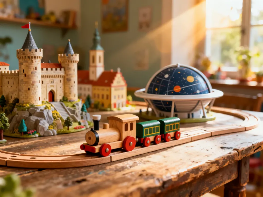 Drewniana kolejka zabawkowa na stole, a w tle miniatury zamku i planetarium symbolizujące atrakcje regionu.
