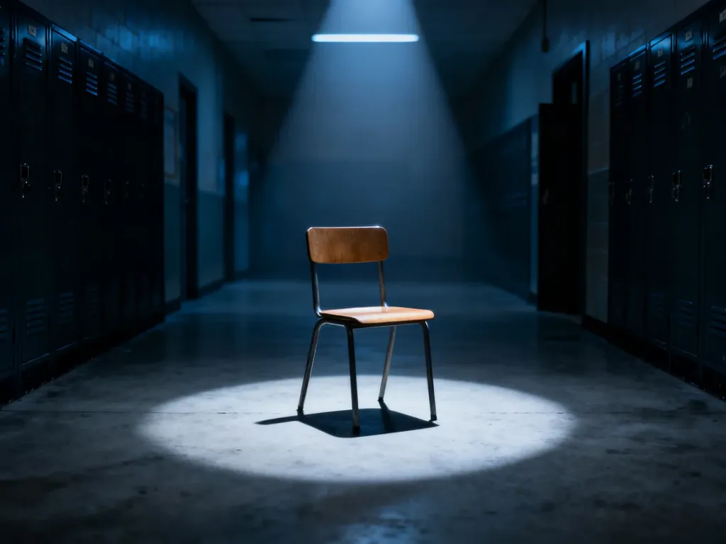 Samotne krzesło w mrocznym szkolnym korytarzu symbolizujące izolację i emocjonalny ciężar doświadczanego bullyingu.