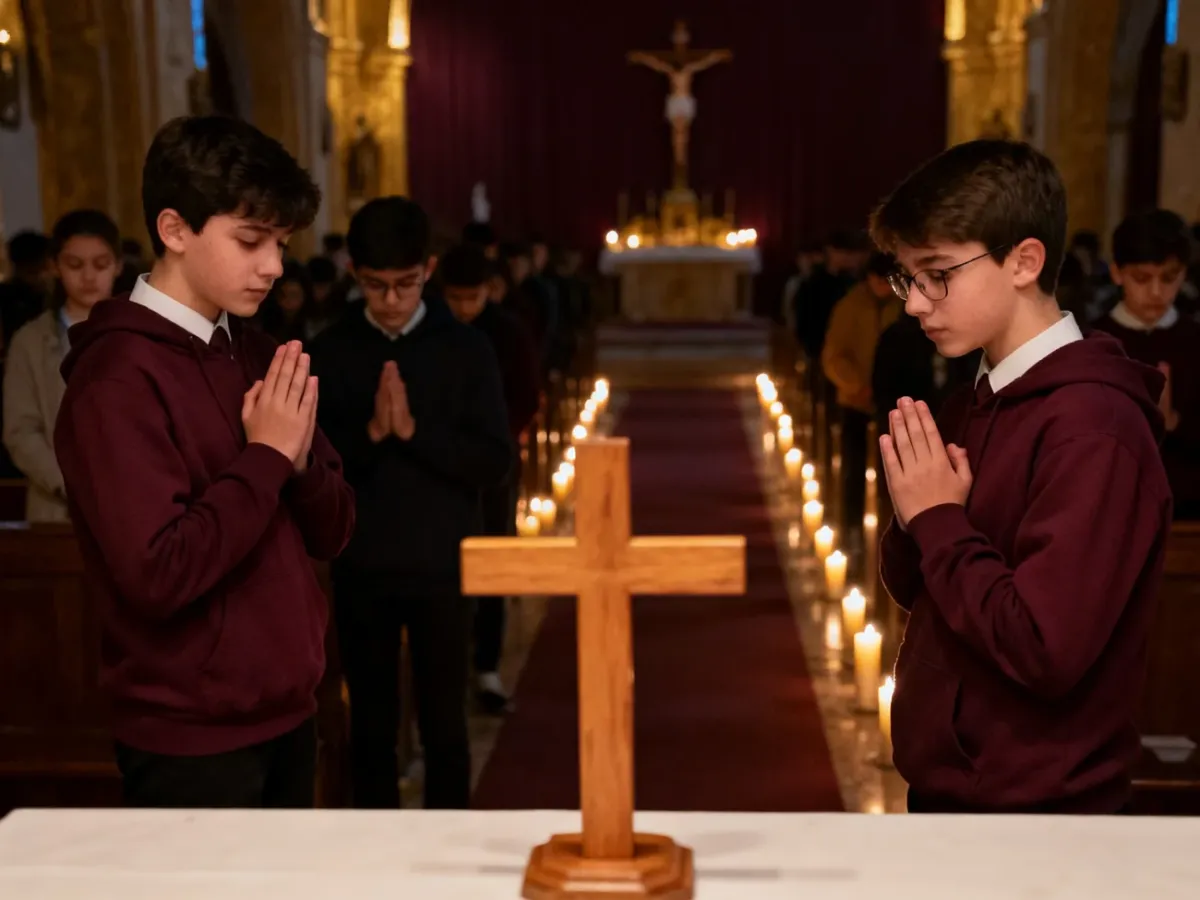 Młodzież podczas Drogi Krzyżowej przy drewnianym krzyżu