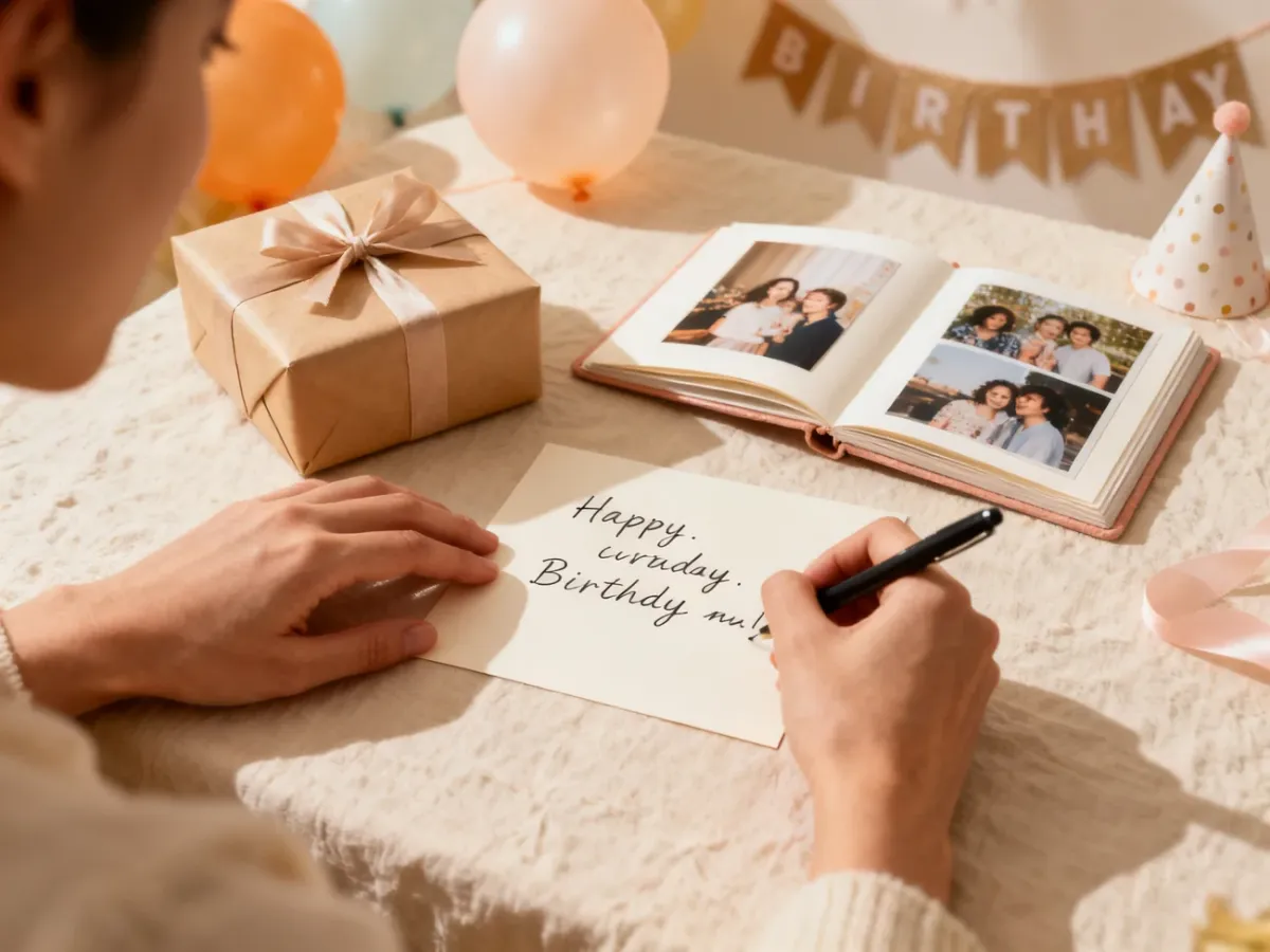 Personalizowanie życzeń urodzinowych przy prezencie i albumie ze zdjęciami