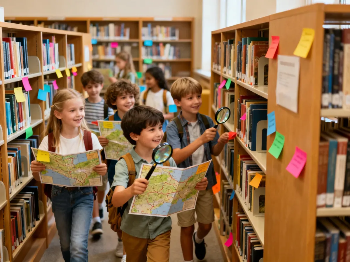 Dzieci rozwiązujące zagadki podczas bibliotecznych podchodów między regałami
