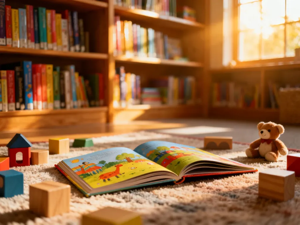 Przytulny kącik czytelniczy w bibliotece z kolorową książką, zabawkami i regałami pełnymi książek w ciepłym świetle.