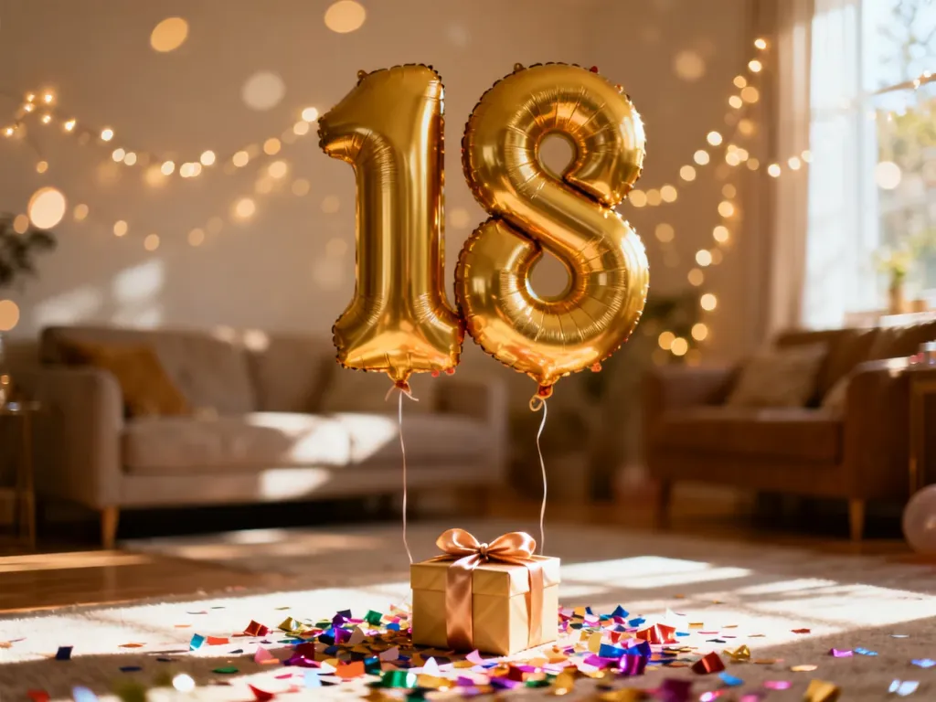 Złoty balon z liczbą 18, prezent i konfetti w przytulnym, świątecznym wnętrzu, tworzące radosną atmosferę urodzinową.