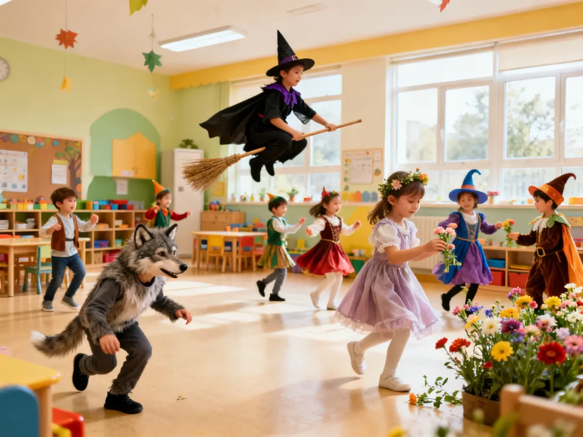 Dzieci naśladujące ruchy bajkowych postaci podczas zabawy ruchowej