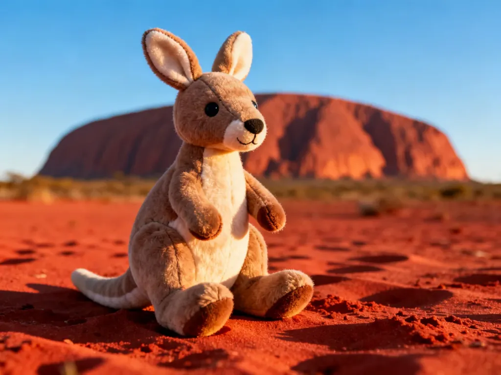 Pluszowy kangur siedzący na czerwonym piasku pustyni na tle góry Uluru w Australii.
