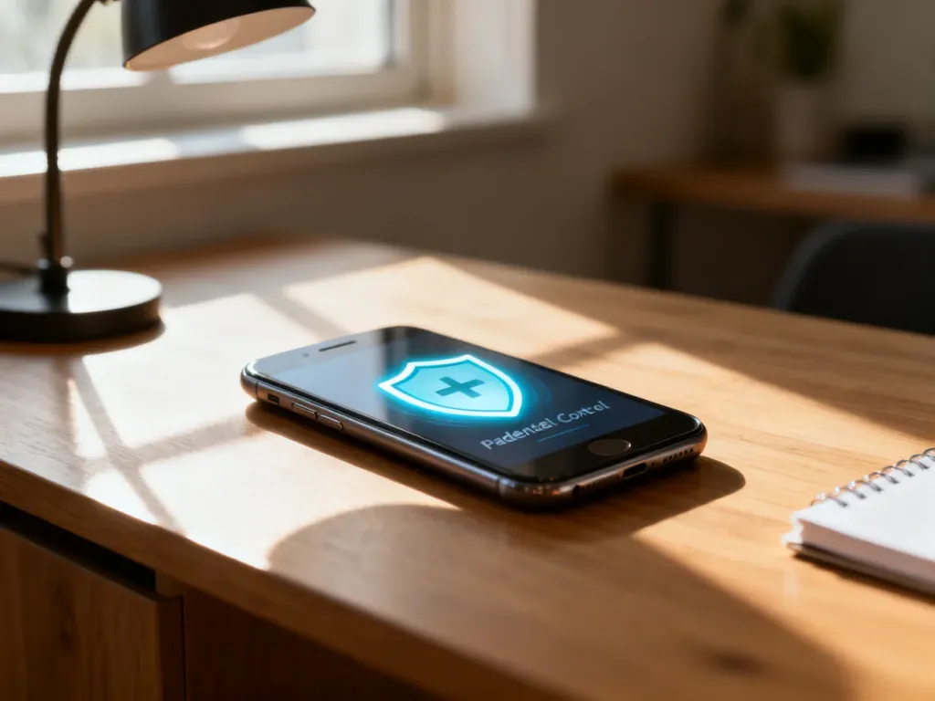 Smartfon na biurku z ikoną tarczy na ekranie, symbolizującą cyfrowe bezpieczeństwo i kontrolę rodzicielską.
