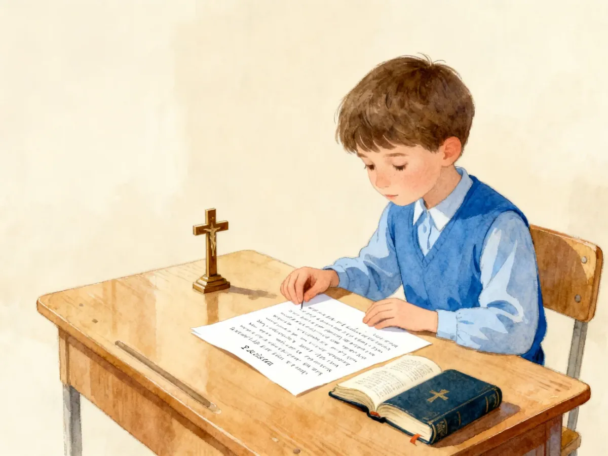 Dziecko uczące się przykazań przy biurku z Biblią i krzyżem