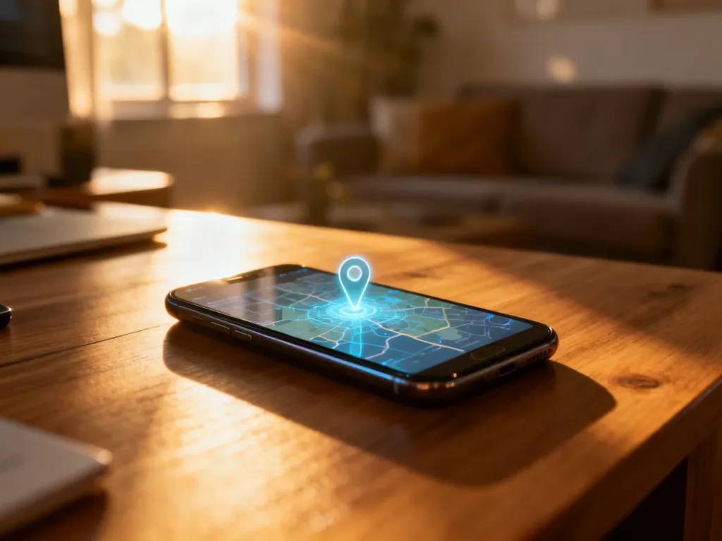 Nowoczesny smartfon leżący na drewnianym biurku, wyświetlający mapę z pinezką lokalizacyjną w przytulnym wnętrzu.