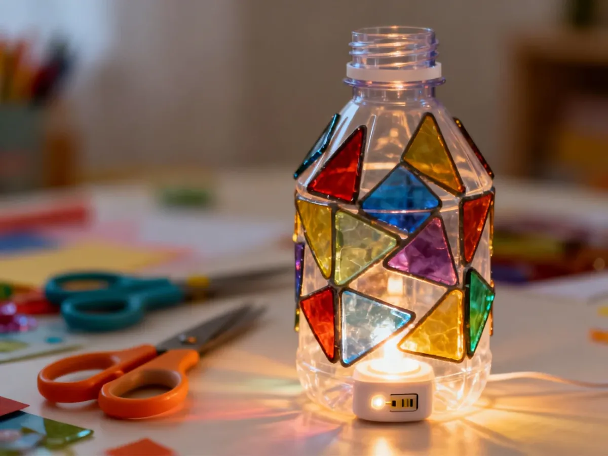 Lampion z przezroczystej butelki PET ozdobionej kolorową folią