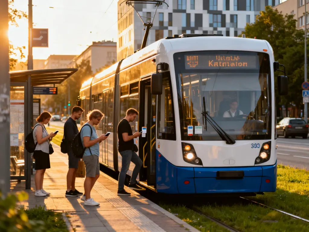 Nowoczesny tramwaj i autobus na wspólnym przystanku w Katowicach, pasażerowie wsiadają i czekają z biletami oraz smartfonami. no text on the picture