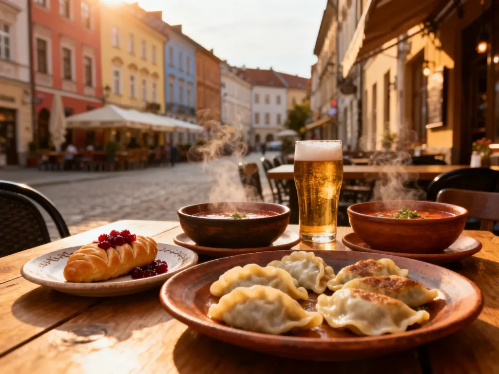 Stół w bielskiej restauracji z gorącymi pierogami, oscypkiem i piwem, na tle urokliwej starówki w złotym świetle; no text on the picture