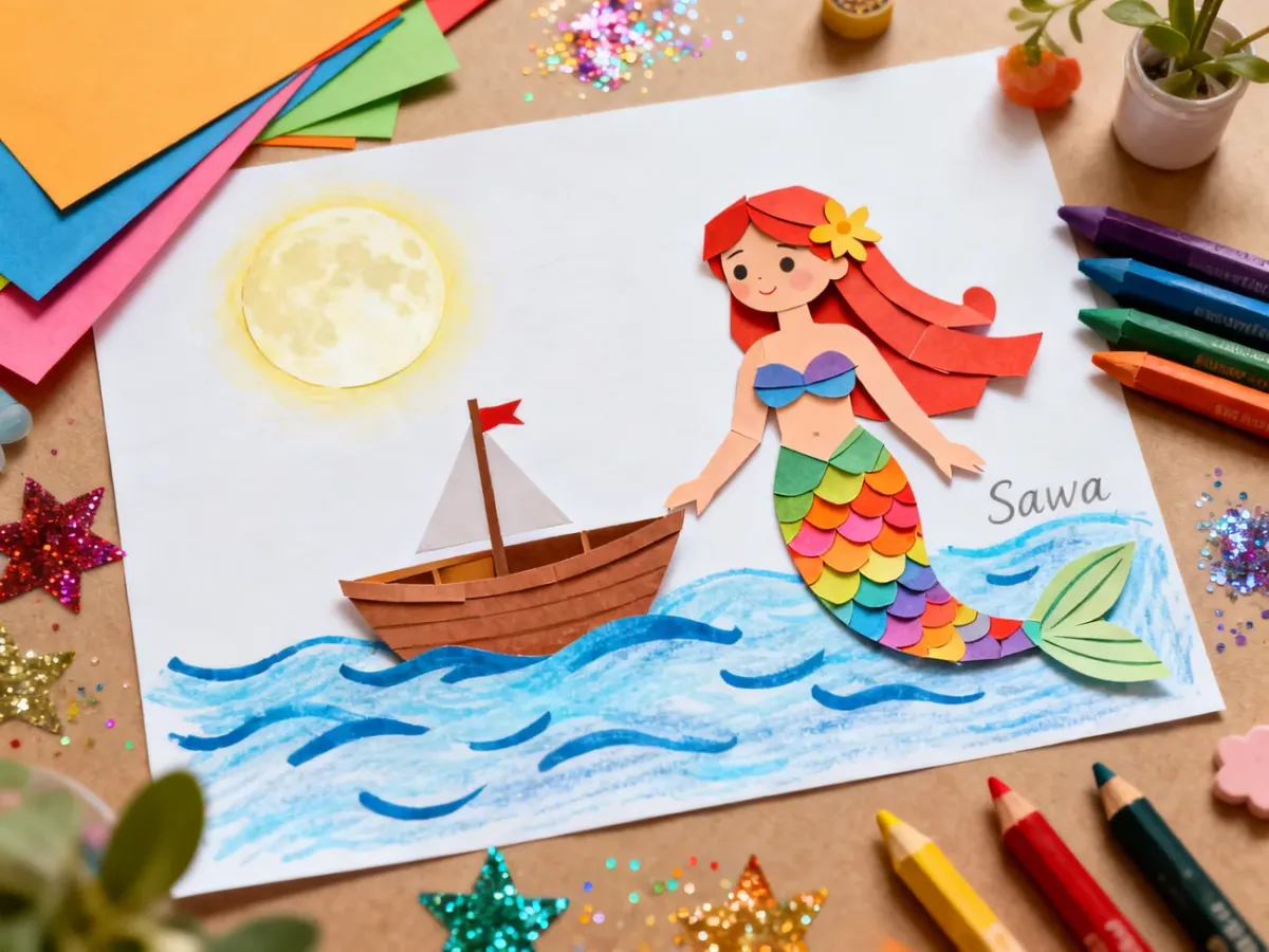 Colorful paper mermaid artwork inspired by the legend of Wars and Sawa
