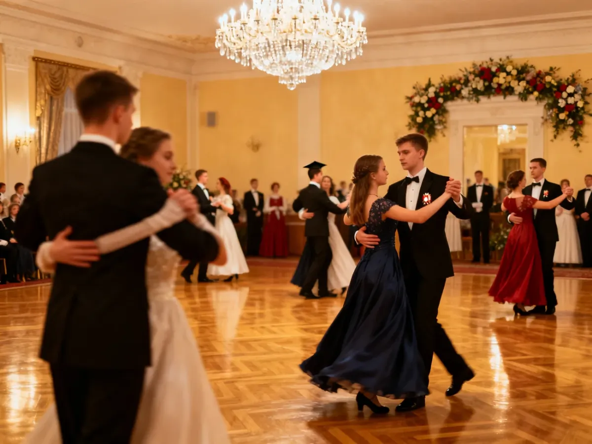 Maturzyści tańczący uroczystego poloneza podczas studniówki