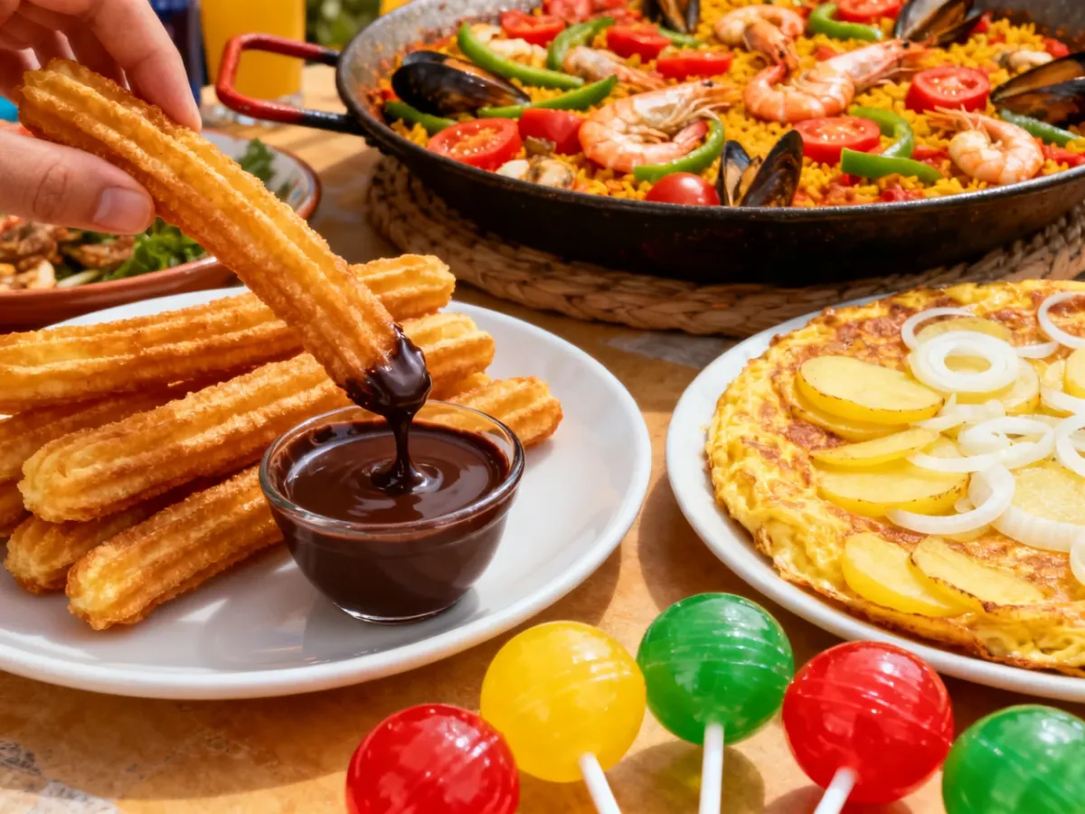 Hiszpańskie przysmaki: churros, paella, tortilla ziemniaczana i kolorowe lizaki