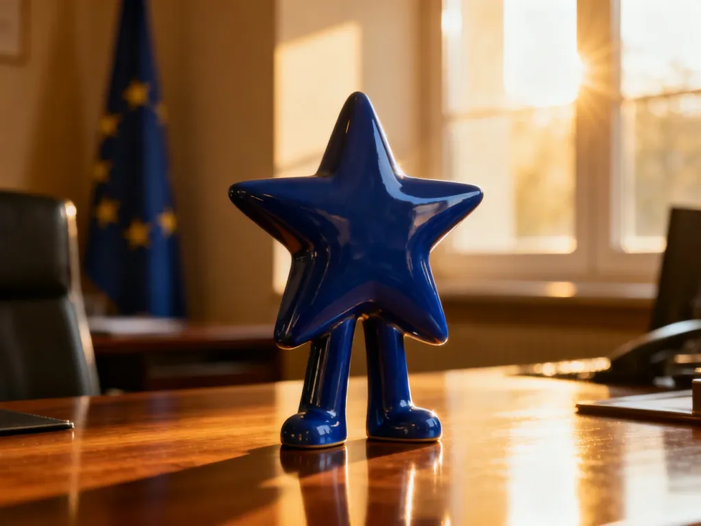 Figurka niebieskiego Syriusza, maskotki Unii Europejskiej, stojąca na biurku na tle flagi UE w promieniach popołudniowego słońca.
