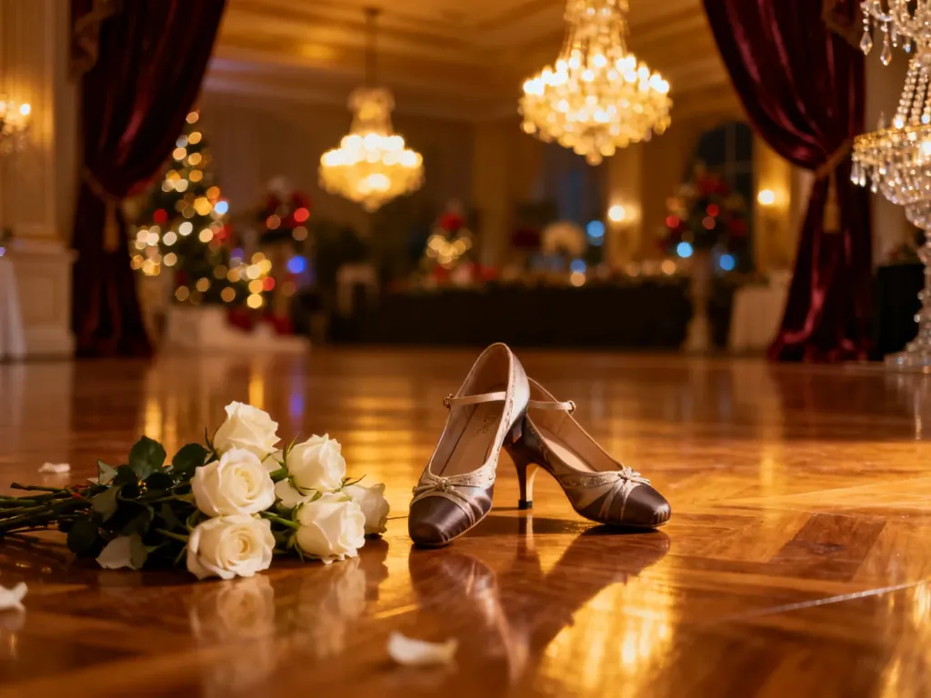 Elegancka sala balowa przygotowana na studniówkę, z parą butów do tańca i białymi różami na parkiecie.